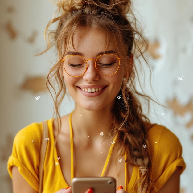 a woman wearing glasses and a yellow shirt is holding a cell phone