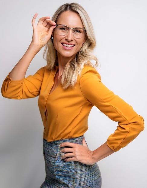 Photo a woman wearing glasses and a yellow shirt with a hand on her hip