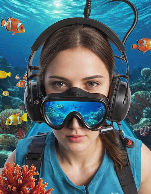 Photo a woman wearing goggles and a fish mask is in front of a picture of a girl with a fish tank