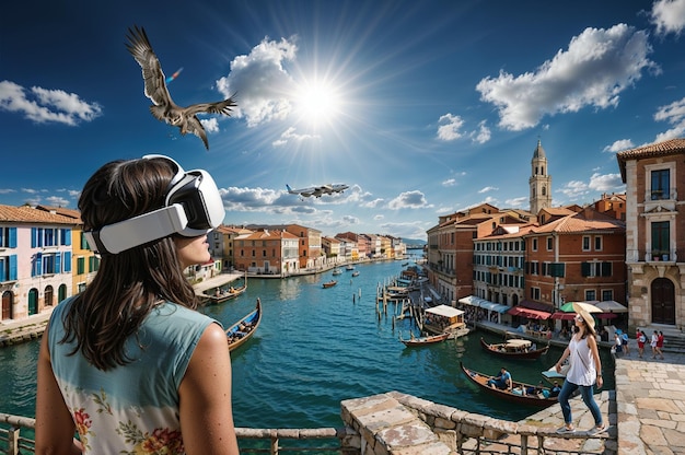 a woman wearing goggles is looking at a bird flying over a city