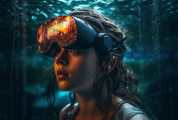 A woman wearing goggles and a swim goggles is under water.