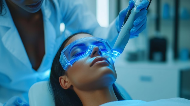 a woman wearing goggles with a blue mask on her face