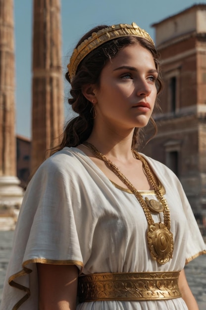 A woman wearing a gold crown and a gold necklace stands in front of a building