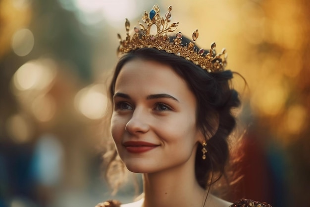 A woman wearing a gold crown stands in a street.