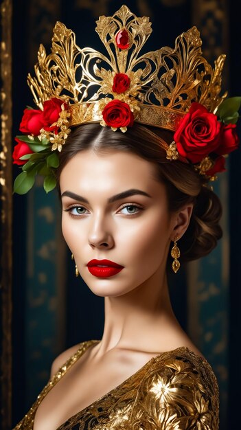 A woman wearing a gold crown with red roses on it