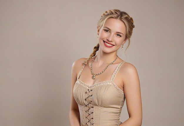 Photo a woman wearing a gold dress with a necklace on it