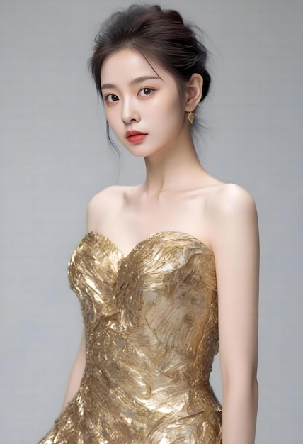 a woman wearing a gold dress with a red lip