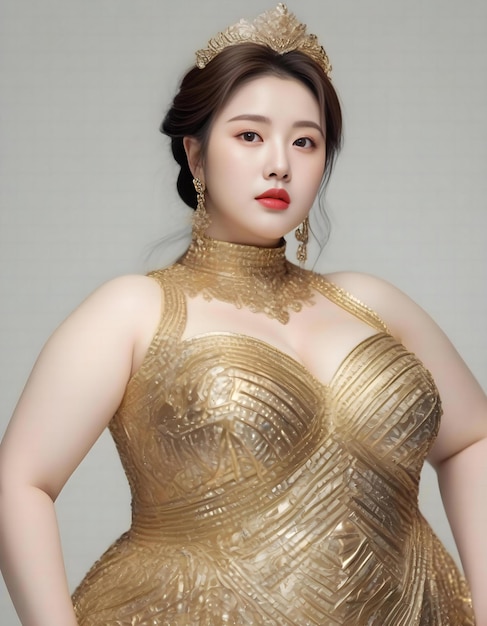 a woman wearing a gold dress with a red lip