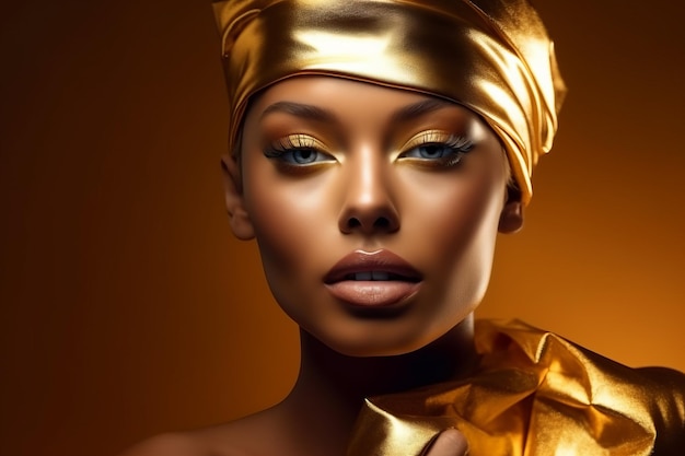 Woman wearing gold head wrap and gold bow around her neck Generative AI