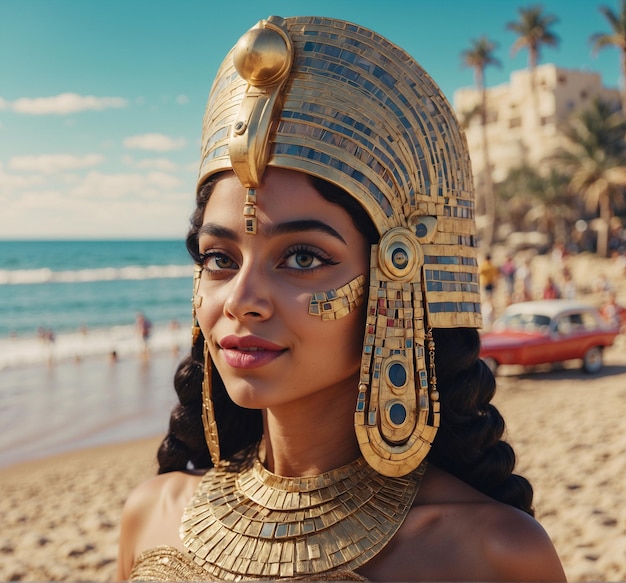 a woman wearing a gold headdress stands on the beach