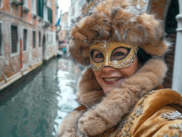 a woman wearing a gold mask with a gold mask on it