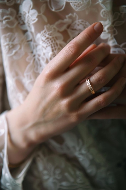 a woman wearing a gold ring is posing for a photo