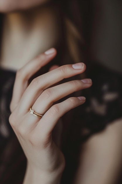 a woman wearing a gold ring is posing for a photo