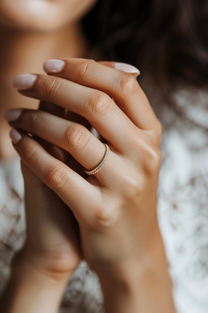 a woman wearing a gold ring is posing for a photo