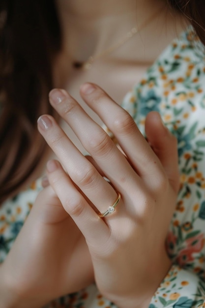 a woman wearing a gold ring is posing for a photo