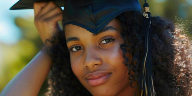 Photo a woman wearing a graduation cap and gown representing academic achievement