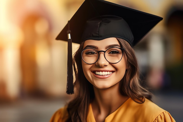 A woman wearing a graduation cap and gown smiles at the camera.