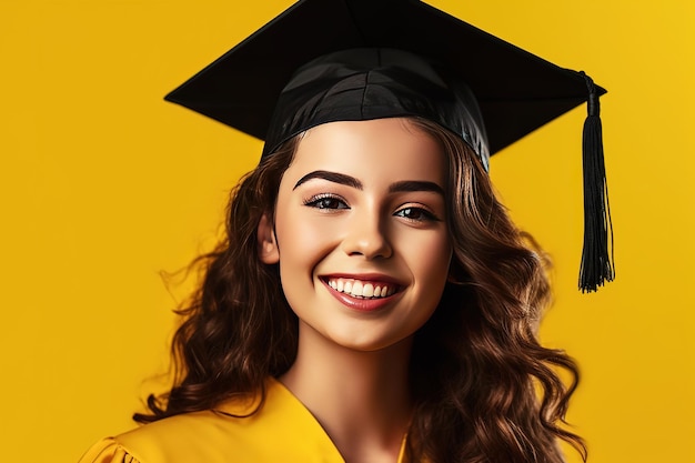 A woman wearing a graduation cap and gown stands in front of a yellow background.