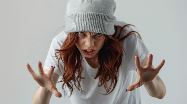 A woman wearing a gray winter hat is clenching her fists in a gesture of anger with a frowning facial expression that conveys frustration and annoyance