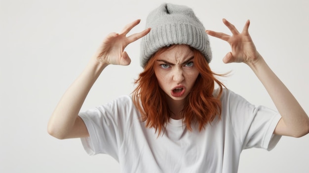 A woman wearing a gray winter hat is clenching her fists in a gesture of anger with a frowning facial expression that conveys frustration and annoyance