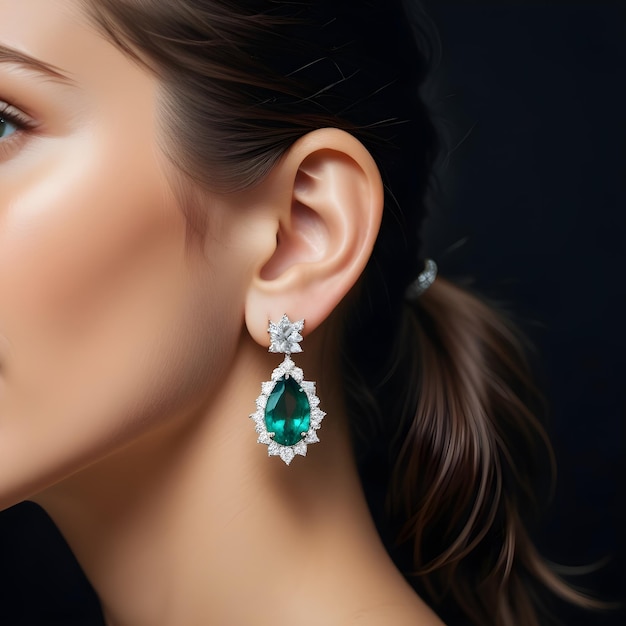 a woman wearing a green diamond earring with green sapphires