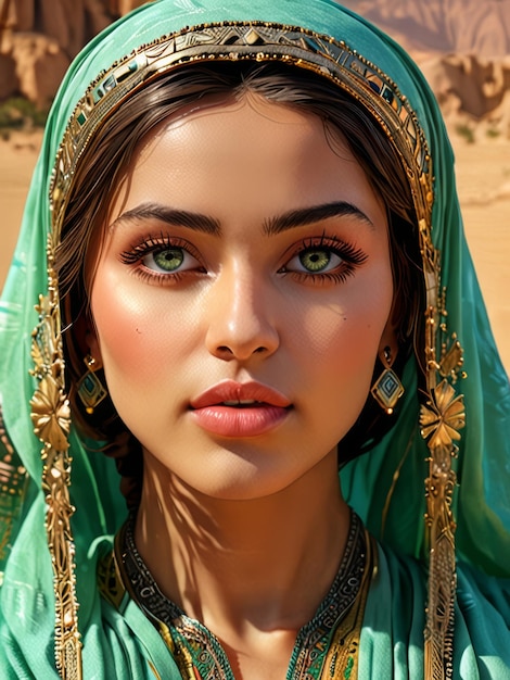 a woman wearing a green headdress with gold eyes and a green veil