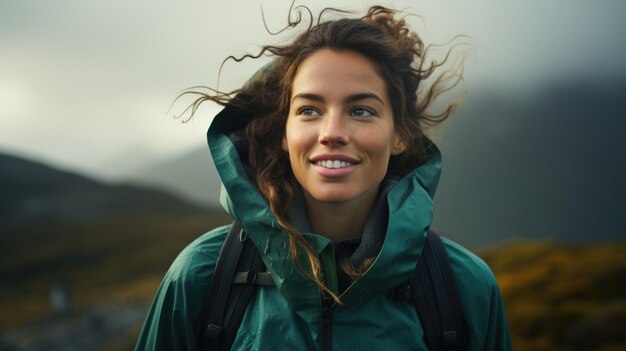 a woman wearing a green jacket and a backpack