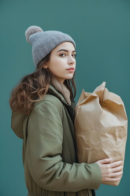 Woman wearing green jacket and grey hat carrying two paper bags