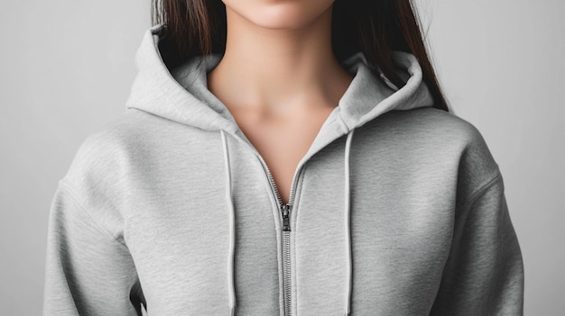 a woman wearing a grey hoodie with a zipper on the front