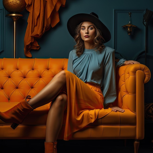 Woman wearing Halloween clothes sitting on the couch