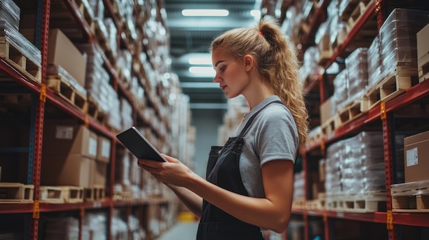 Photo a woman wearing a hard hat and blue shirt is looking at a tablet in a warehouse