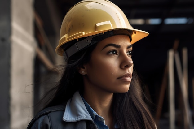 A woman wearing a hard hat in a construction area generative AI