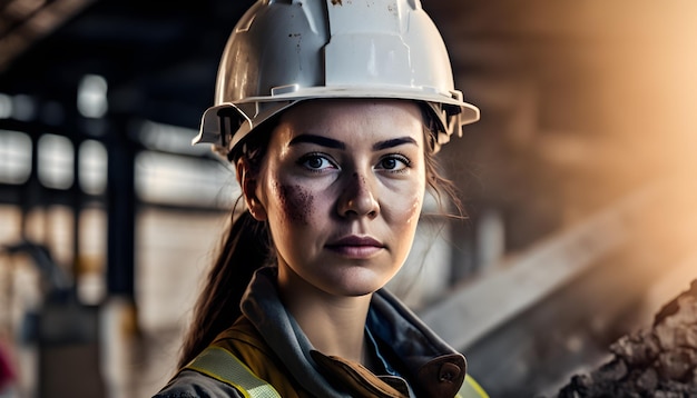 Woman wearing hard hat on a construction site generative ai