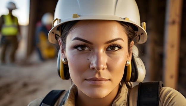 Woman wearing hard hat on a construction site generative ai