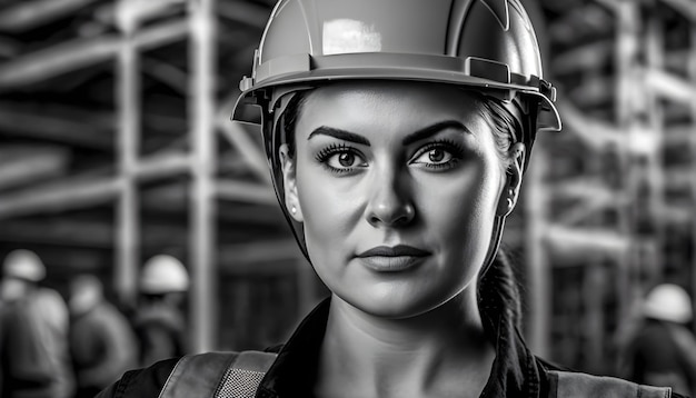 Woman wearing hard hat on a construction site generative ai