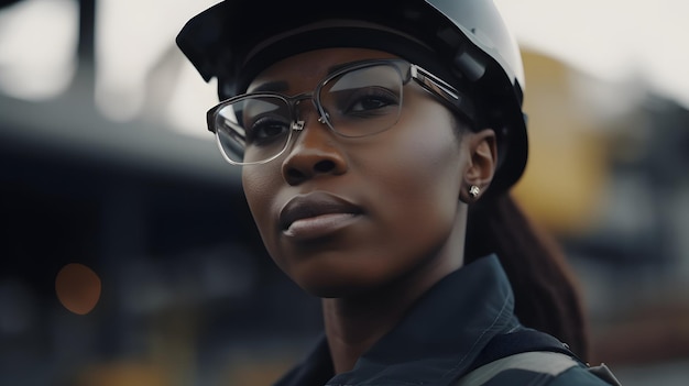 A woman wearing a hard hat and glasses stands in front of a yellow vehicle.