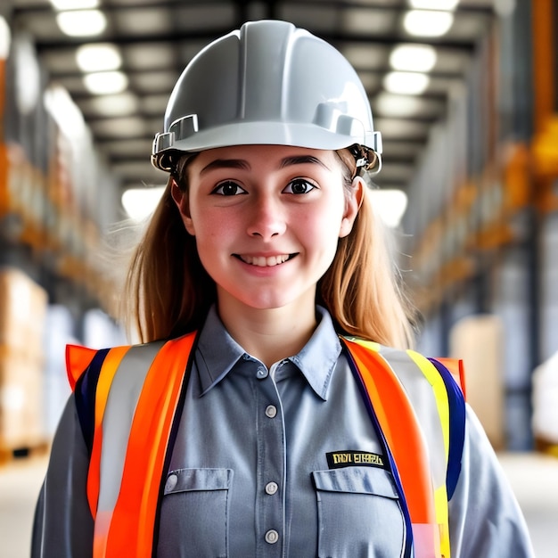 A woman wearing a hard hat and orange vest with the word " the word " on it.