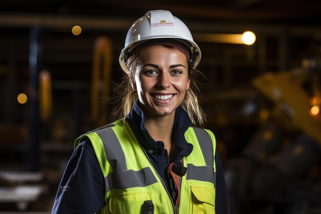 A woman wearing a hard hat and safety vest