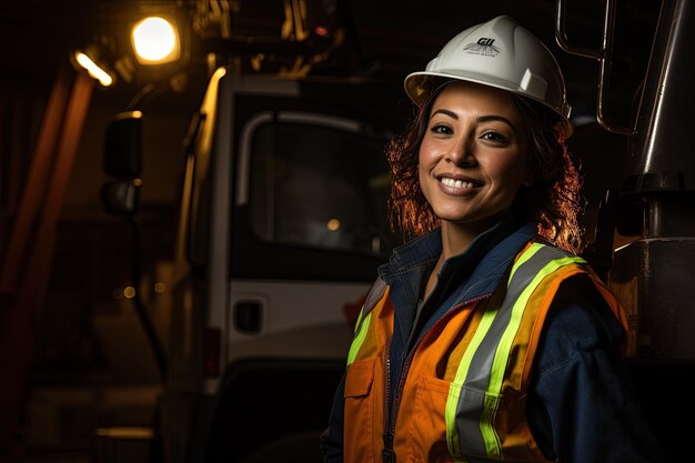 A woman wearing a hard hat and safety vest