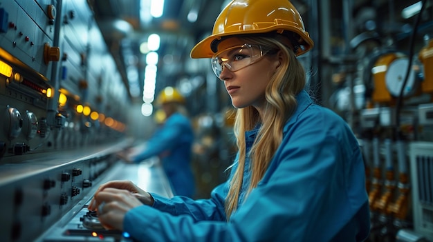 a woman wearing a hard hat sits in front of a machine with the word quot h quot on it