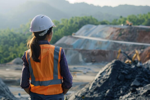 a woman wearing a hard hat stands in front of a pile of dirt