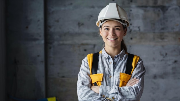 a woman wearing a hard hat stands in front of a wall with a yellow vest that says quot new quot