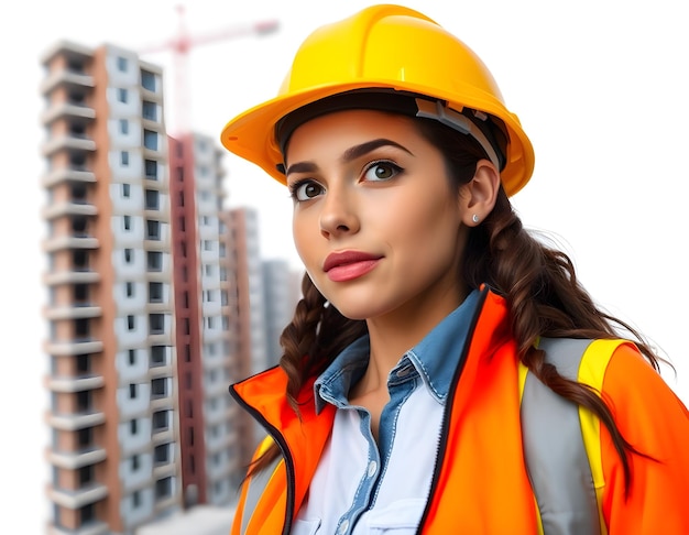 a woman wearing a hard hat and a vest that says  she is wearing a construction helmet