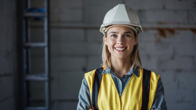 a woman wearing a hard hat and a vest that says quot shes wearing a yellow vest quot