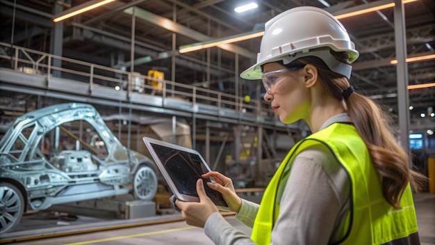 Photo a woman wearing a hardhat and holding a tablet on a construction site