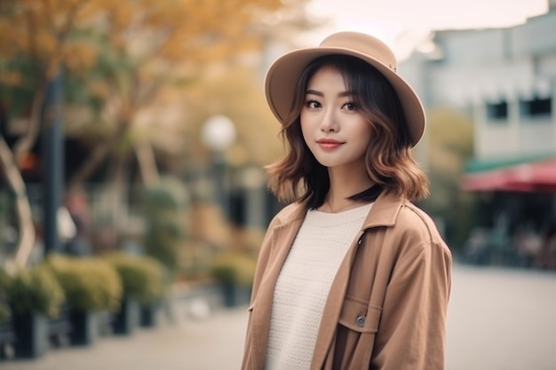 A woman wearing a hat and a beige sweater stands in a park.