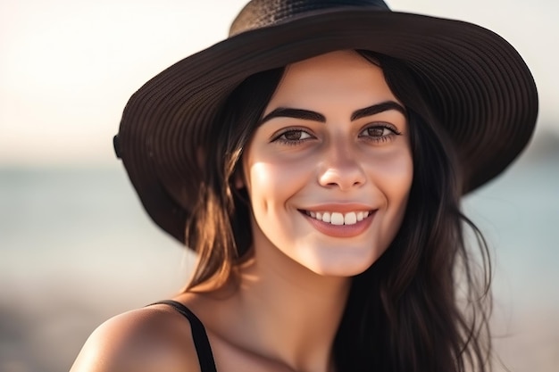 A woman wearing a hat and a black hat smiles at the camera.