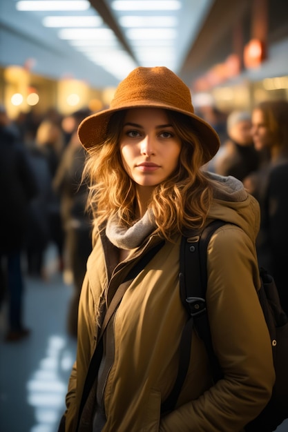 Woman wearing hat and coat on street Generative AI