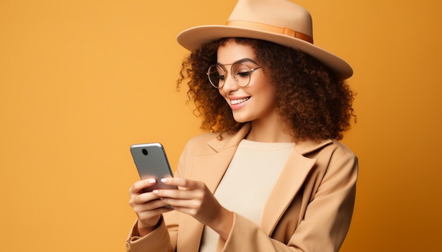 a woman wearing a hat and glasses is texting on her phone