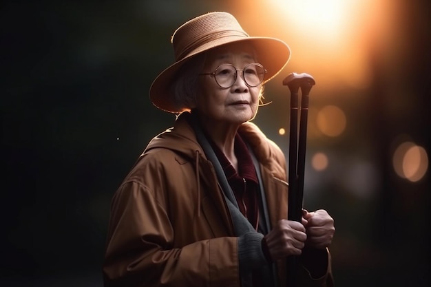 A woman wearing a hat and glasses stands in front of a bright light.